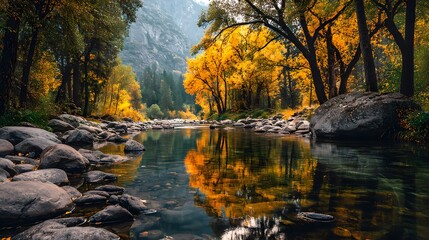 Obraz premium Serene landscape photo of a tranquil river flowing through an autumn forest, with smooth stones lining the bank and trees with vibrant golden leaves.