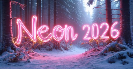 Winter forest scene. Bright pink neon sign displays Neon 2026. Snow covers ground, trees stand tall. Light source creates glow.