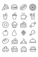 A grid of 20 black and white outline icons of food and drinks, featuring pizza, burgers, coffee, juice, desserts, fruits, bread, cheese, and more in a clean minimal line art style
