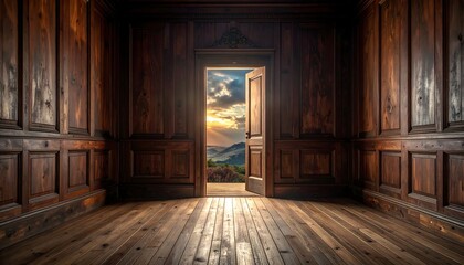 Rustic room, open door, sunset view