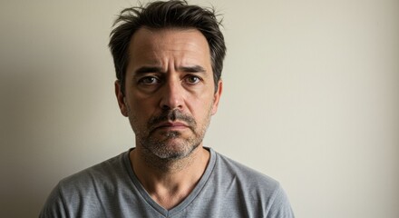 Fototapeta premium Emotional portrait of a man indoor setting neutral background human expression