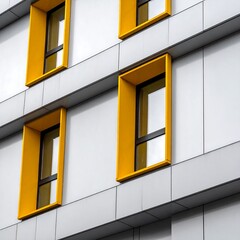 Modern apartment building facade with bright yellow window frames