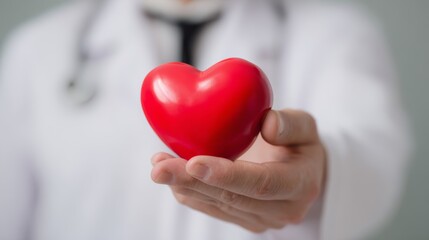 Doctor holding red heart model close-up representing heart care, cardiology, cardiovascular health, medical support, disease prevention, patient wellness, and professional healthcare guidance concept
