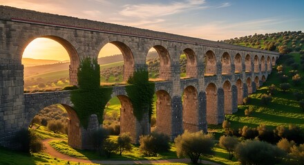 Obraz premium Roman aqueduct with bright sunset.