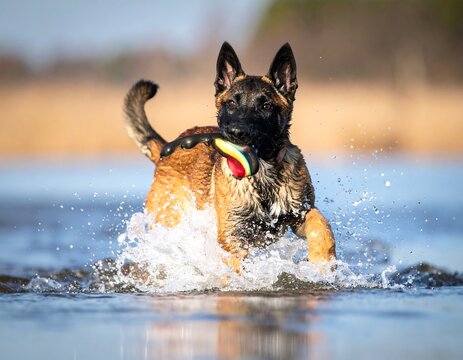 Playful dog running in water - Powered by Adobe