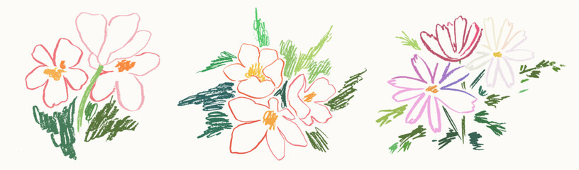 Sketch crayon style modern simple flower art poster or placard collection. Ink, charcoal, pencil or chalk style plants or floral elements drawing. Colorful hand drawn flowers vector illustration set.