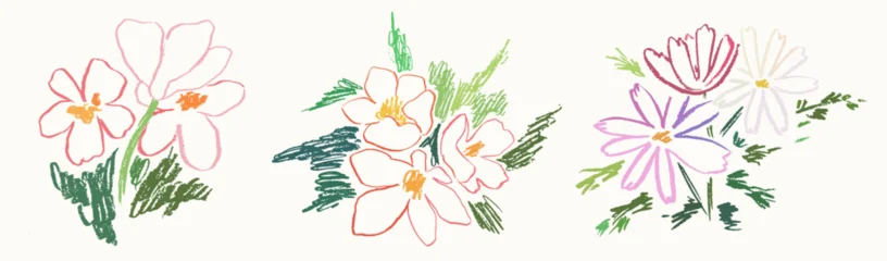 Fototapeten Gemalte Blumen Sketch crayon style modern simple flower art poster or placard collection. Ink, charcoal, pencil or chalk style plants or floral elements drawing. Colorful hand drawn flowers vector illustration set.  © KPstudio
