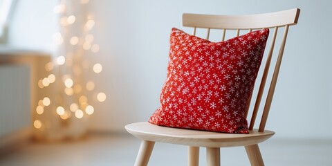 modern wooden chair with simple red pillow decorated with small white snowflake pattern, placed in bright minimal interior, blurred background with subtle golden fairy lights