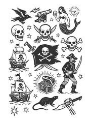 Pirate doodle with skulls, treasure, swords, parrots, and pirate ship symbols in tattoo style.