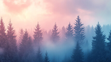 Misty Forest at Dawn with a Soft Glow of Pink and Blue Light