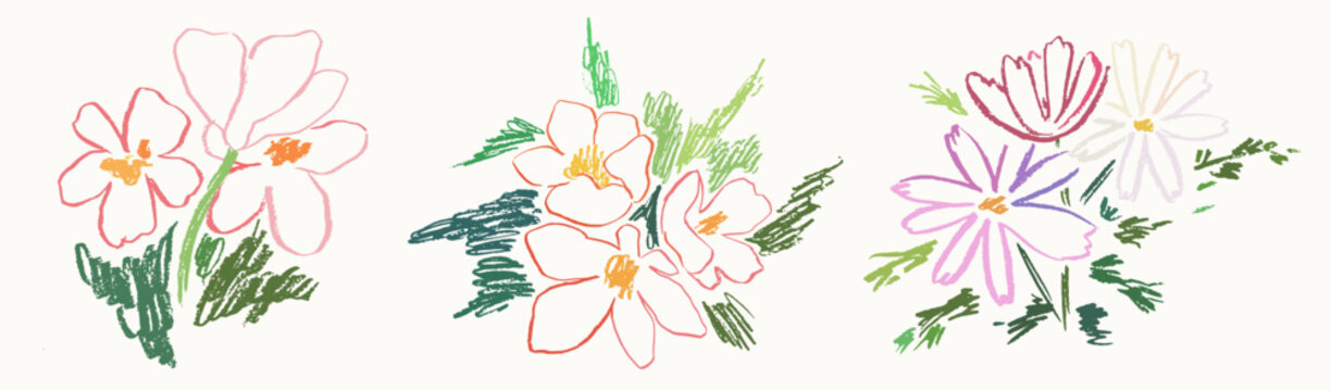 Sketch crayon style modern simple flower art poster or placard collection. Ink, charcoal, pencil or chalk style plants or floral elements drawing. Colorful hand drawn flowers vector illustration set.