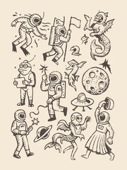 Hand-drawn doodle of astronauts, rockets, planets, and stars representing cosmic exploration.