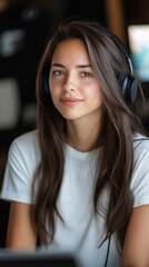 Portrait of a woman listening with headphones, smiling casually in a modern indoor setting
