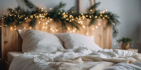 cozy bedroom with white linens, simple wooden bed frame, minimalist green fir garland with tiny golden fairy lights hanging above headboard, Scandinavian interior style, blurred background