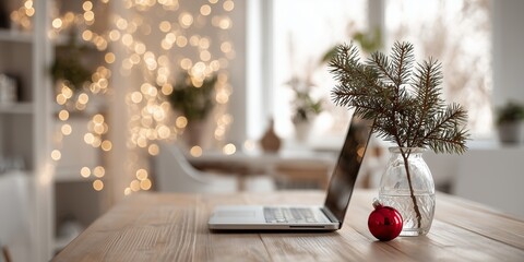 clean wooden desk with open laptop, small fir branch in simple glass vase, and single red ornament as festive accent, bright modern home office interior, blurred golden fairy lights glowing softly