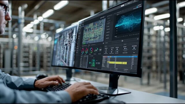 ICS. Industrial Control Systems. Cybersecurity. Industrial automation. IIoT. Critical infrastructure. A person analyzing data on dual computer screens in a modern workspace.