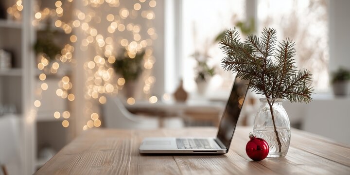 clean wooden desk with open laptop, small fir branch in simple glass vase, and single red ornament as festive accent, bright modern home office interior, blurred golden fairy lights glowing softly 
