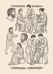 Ancient Greek philosophers gathered in discussion, teaching and sharing wisdom in classical attire.