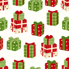 Christmas gift box seamless pattern with holiday present. Flat cartoon design for backgrounds, wallpapers, wrapping paper.