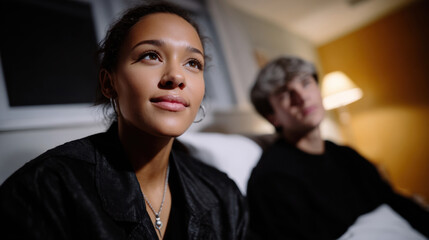 Two young adults comfortably sitting in bed, engaged in a movie. The ambient lighting enhances their facial expressions, creating a moment of shared enjoyment and lighthearted connection.
