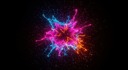 Energetic splash of pink, blue, and orange particles on black