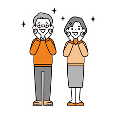 頬に手を当てて感激する、60代・70代の夫婦のシンプルな全身ベクターイラスト素材