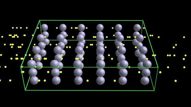 Electrons flow through superconductor material. Particles flow through even arrangement of atoms.
Particles flowing through orderly atomic array.
3d animation render
