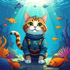 An adorable tabby cat, wearing a spacesuit, sits underwater amongst colorful fish and coral