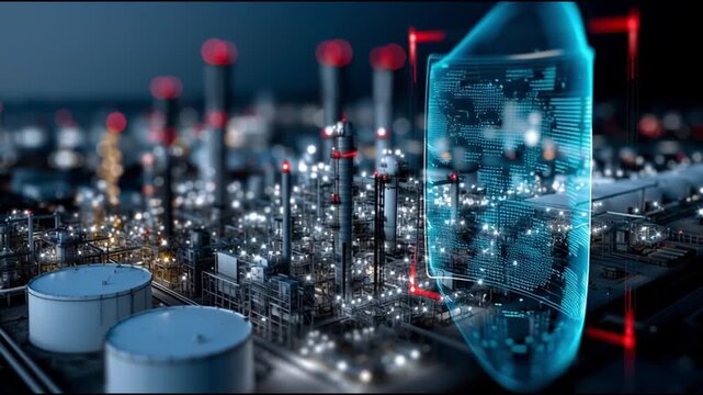 ICS. Industrial Control Systems. Cybersecurity. Industrial automation. IIoT. Critical infrastructure. Futuristic industrial cityscape with digital elements and lighting effects.