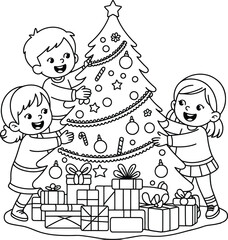 Christmas tree with children illustration isolated on transparent background