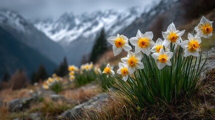 Obraz premium Stunning close-up of wild daffodils blooming on a mountainside, with a majestic, snow-capped mountain range softly blurred in the background.