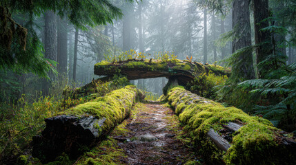 A forest log bridge in the morning mist