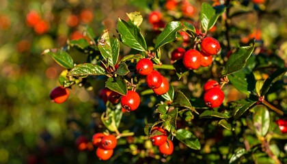 Bright red berries amid green leaves on a bush, bathed in sunlight, against a soft background