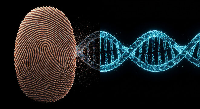 Detailed fingerprint merging into a glowing blue digital dna helix on a dark background representing genetic identity and forensic science