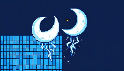 Two pixelated moons with lightning bolts, over a grid
