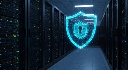 Data Security Digital Shield in Server Room Cybersecurity Concept