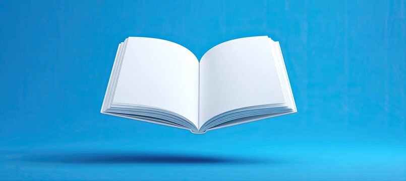Open book, white pages, floating on a light blue background