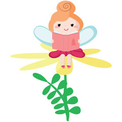 Cute fairy vector illustration. Cartoon magic girl character with wings. Fairytale princess in costume sitting on flower and reading book. Fantasy little forest pixie isolated on white background