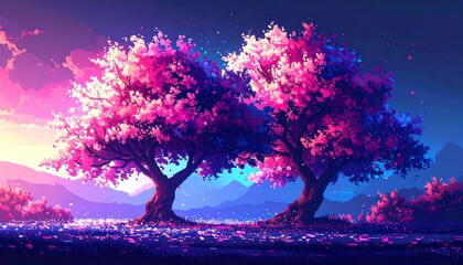 Two vibrant pink cherry blossom trees, sunset backdrop