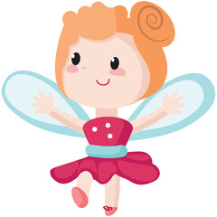 Cute fairy vector illustration. Cartoon magic girl character with wings. Happy fairytale princess in costume smiling. Fantasy little forest pixie with raised arms isolated on white background