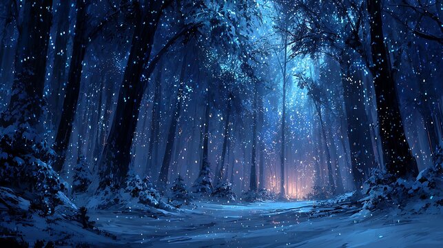 A serene winter forest scene with snow falling gently in the moonlight.