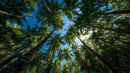 Fototapeta premium Stunning low-angle view of towering palm trees against a brilliant azure sky. Sunlight filters through vibrant green fronds in this tropical getaway.