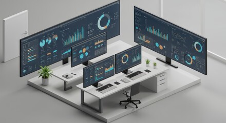 Isometric office with multiple monitors displaying financial data charts