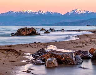 Peaceful mountain lake sunset