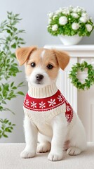 A cute puppy wearing a cozy sweater, sitting elegantly in a festive indoor setting.