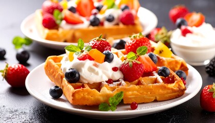 Waffles piled high with whipped cream and colorful fruit on a white plate, close-up