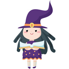 Witch with spell book vector. Cute halloween magician girl isolated icon illustration. Wicked fairy in magic hat isolated on white background