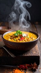Hearty lentil soup steaming in a bowl