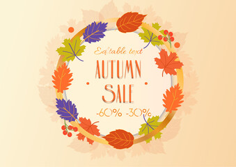 Autumn vector frame with leaves. Sale autumn fall leaves banner with gold elements. Round frame with autumn leaves 