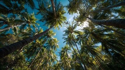 Fototapeta premium Stunning low-angle view of towering palm trees against a brilliant azure sky. Sunlight filters through vibrant green fronds in this tropical getaway.